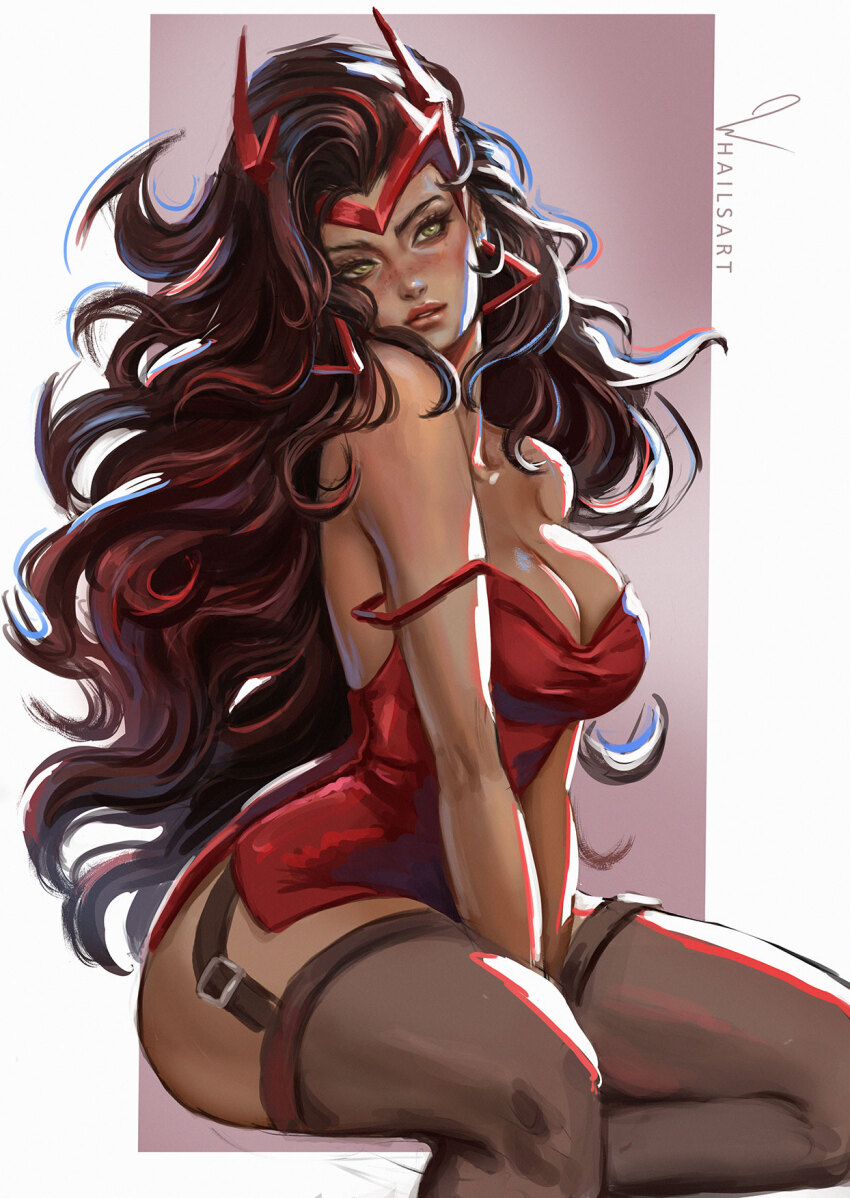 1girl, avengers_(series), breasts, brown_hair, cleavage, closed_mouth, dress, earrings