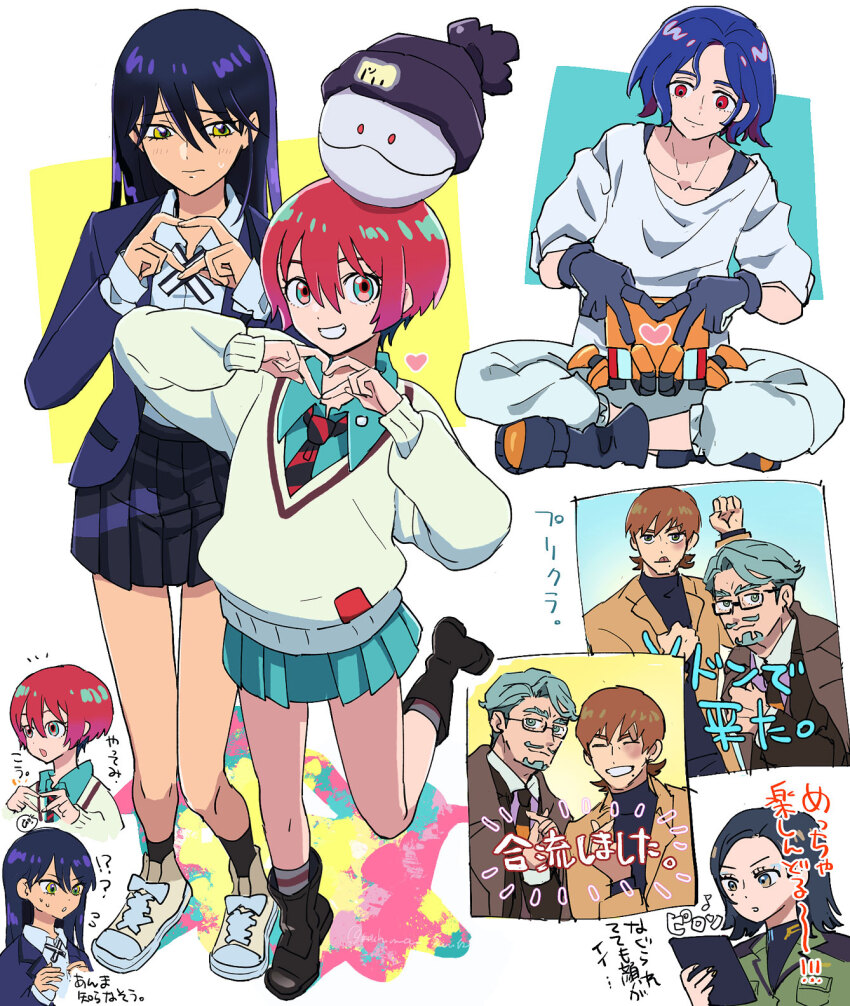 3boys, 3girls, :q, amate_yuzuriha, ankle_boots, aqua_eyes, aqua_shirt, aqua_skirt