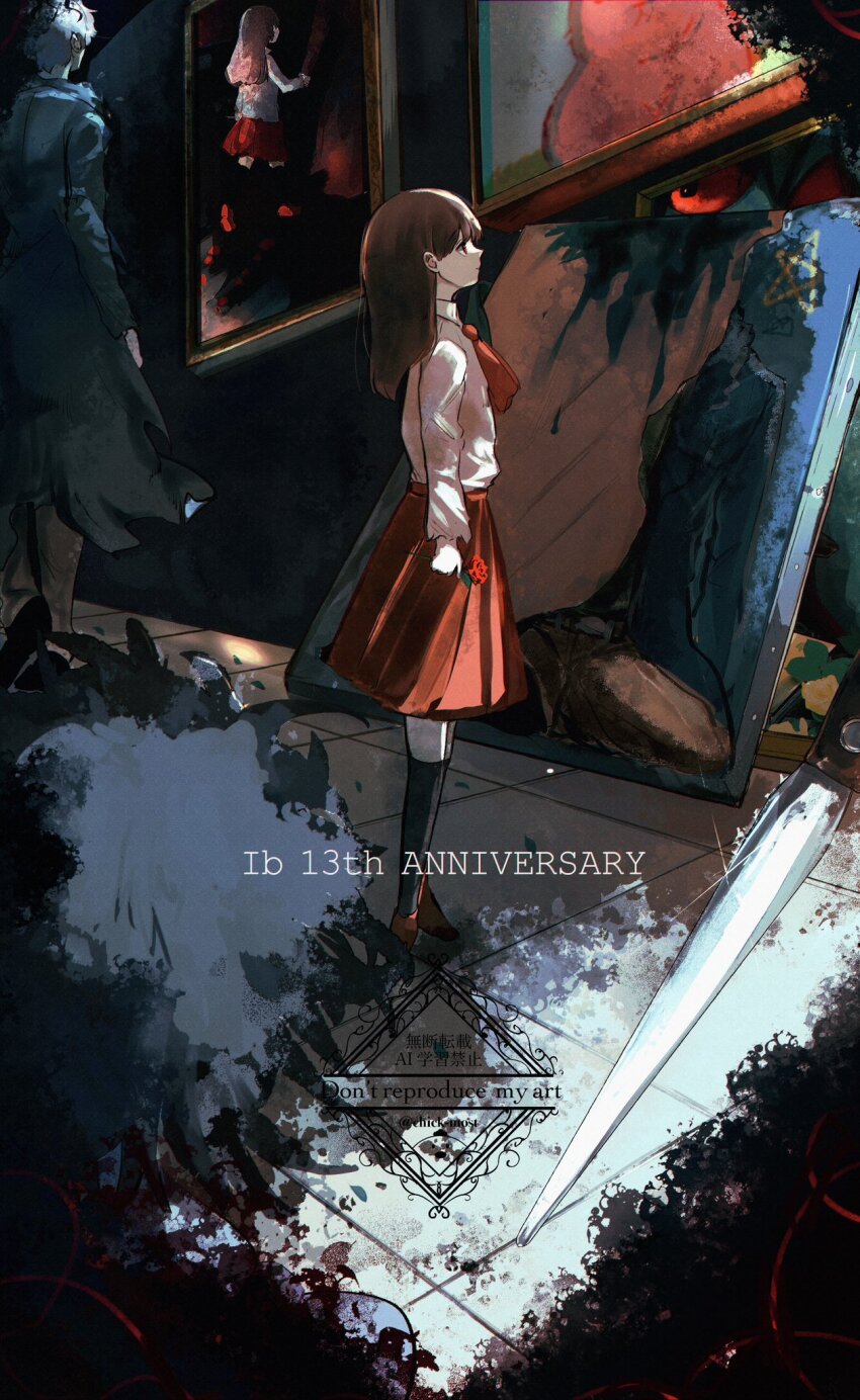 1boy, 1girl, anniversary, black_socks, bow, bowtie, brown_hair, coat