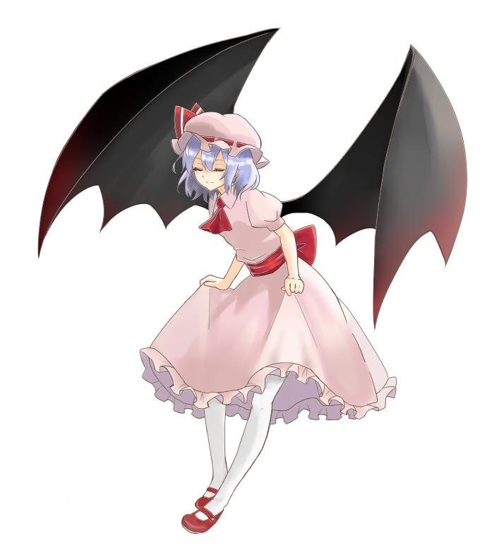 1girl, ascot, bat_wings, blue_hair, closed_eyes, clothes_lift, curtsey, dress