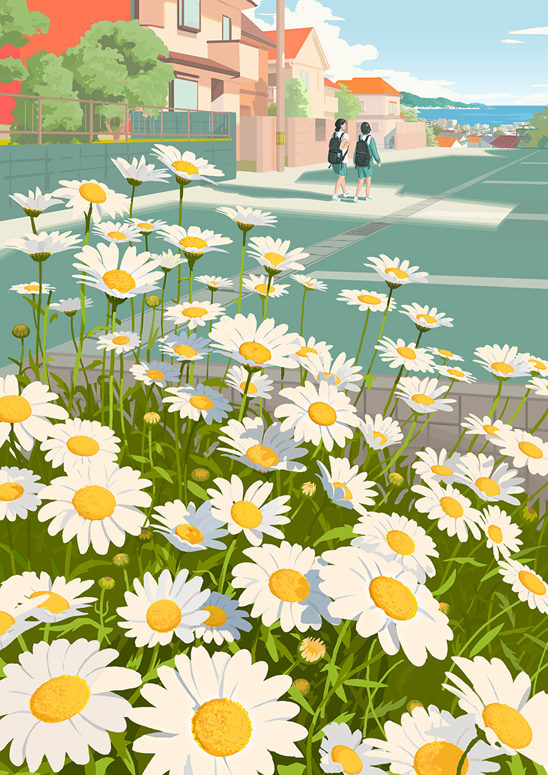 2girls, backpack, bag, black_hair, blue_sky, building, daisy_(flower), day