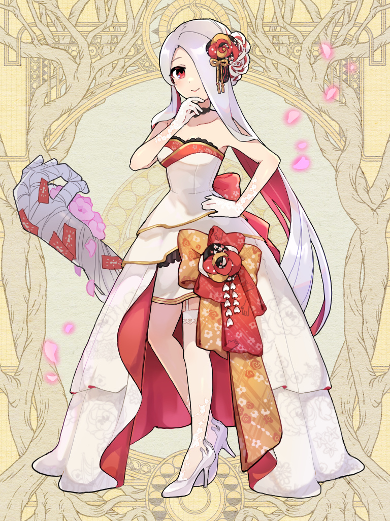 1girl, bare_shoulders, bow, colored_inner_hair, dairoku_ryouhei, dress, flower, full_body