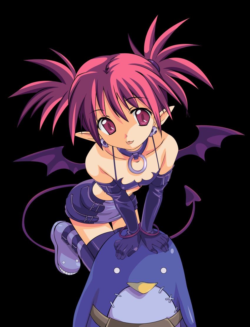 1girl, :p, absurdres, bad_id, bad_pixiv_id, bat_wings, bird, demon_girl, derivative_work, detached_sleeves, disgaea, doll, earrings, etna_(disgaea), female_focus, highres, jewelry, morrow_(hitodama-x), penguin, pointy_ears, prinny, red_eyes, red_hair, skirt, skull, solo, tongue, tongue_out, transparent_background, vector_trace, wings
