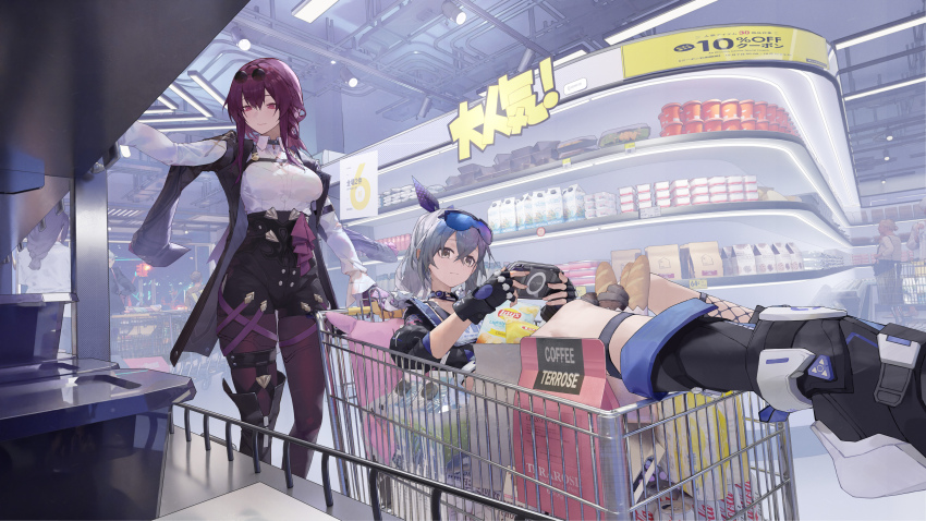 2girls, absurdres, bag_of_chips, black_boots, black_gloves, black_jacket, boots, breasts