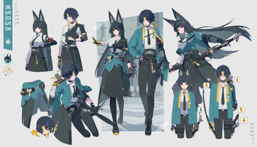 1boy, 1girl, animal_ear_fluff, animal_ears, aqua_jacket, asaba_harumasa, asaba_harumasa_(cat), asymmetrical_gloves, belt, black_gloves, black_hair, black_necktie, black_pants, black_pantyhose, black_shoes, black_skirt, blunt_bangs, blunt_ends, bow_(weapon), braid, cat, clothes_around_waist, collared_shirt, cosplay, costume_switch, dress_shirt, fingerless_gloves, fox_ears, fox_girl, gauntlets, gloves, grid_background, half_up_braid, headband, high-waist_skirt, high_ponytail, highres, holding, holding_bow_(weapon), holding_sword, holding_weapon, holster, hoshimi_miyabi, jacket, jacket_around_waist, long_hair, long_sleeves, loose_necktie, mismatched_gloves, necktie, pants, pantyhose, partially_fingerless_gloves, partially_unzipped, pleated_skirt, ponytail, quiver, red_eyes, ri_eul_fd, sheath, sheathed, shirt, shoes, single_fingerless_glove, single_gauntlet, skirt, sword, thigh_holster, thigh_strap, tie_clip, unbuttoned_jacket, unzipped, weapon, weapon_on_back, white_cat, white_shirt, wide_sleeves, yellow_eyes, yellow_gloves, yellow_headband, zenless_zone_zero
