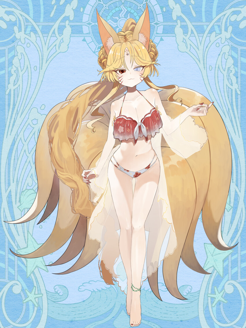 1girl, :d, airi_ganguru, animal_ears, anklet, barefoot, bead_anklet, beads