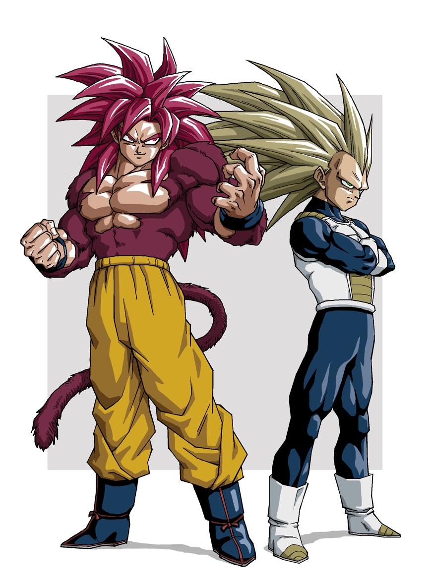 2boys, armor, blue_bodysuit, body_fur, bodysuit, boots, border, dragon_ball, dragon_ball_daima, full_body, gloves, grey_background, long_hair, male_focus, monkey_tail, multiple_boys, muscular, muscular_male, n_(n14542698), no_eyebrows, orange_pants, pants, red_eyes, red_fur, red_hair, red_tail, saiyan_armor, simple_background, son_goku, spiked_hair, standing, super_saiyan, super_saiyan_3, super_saiyan_4, tail, topless_male, vegeta, white_armor, white_boots, white_border, white_gloves