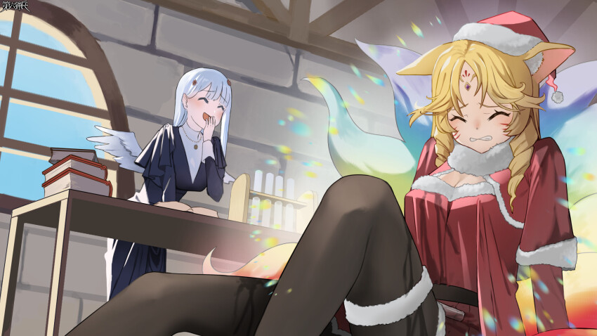 2girls, :d, airi_ganguru, angel_wings, animal_ears, black_dress, black_pantyhose, blonde_hair