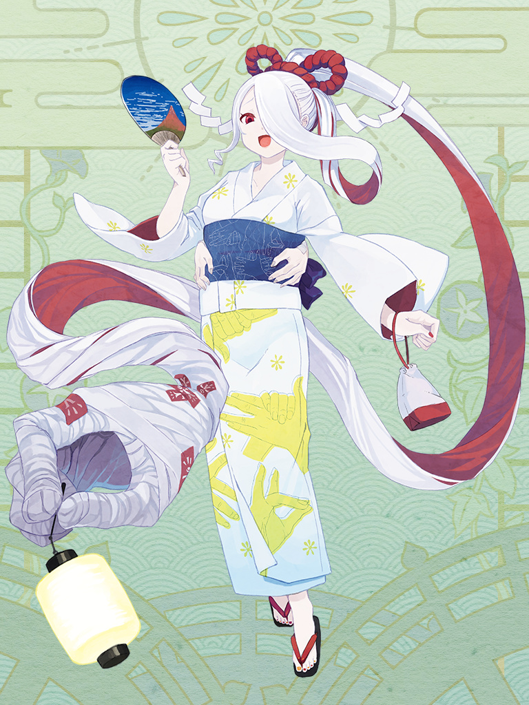 1girl, :d, colored_inner_hair, dairoku_ryouhei, extra_hands, full_body, gaifu_kaisei, green_background, hair_over_one_eye, hair_ribbon, hand_fan, holding, holding_fan, holding_lantern, japanese_clothes, kimono, kinchaku, lantern, long_hair, looking_at_viewer, multicolored_hair, open_mouth, pouch, prehensile_hair, print_kimono, red_eyes, red_hair, red_nails, red_ribbon, ribbon, sandals, shide, shirataki_tete, smile, solo, standing, tian_zhi_shi_shi, very_long_hair, white_hair, white_kimono, wide_sleeves
