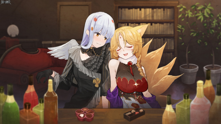 2girls, :d, airi_ganguru, alcohol, animal_ears, black_dress, black_gloves, blonde_hair