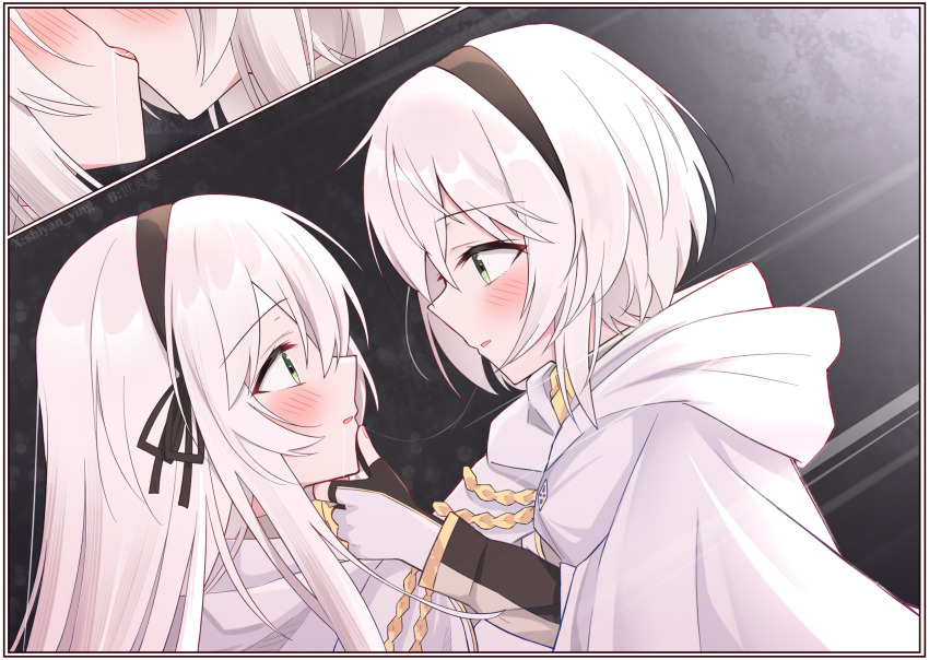 2girls, absurdres, after_kiss, amnesia_(majo_no_tabitabi), avilia_(majo_no_tabitabi), blush, chinese_commentary, cloak