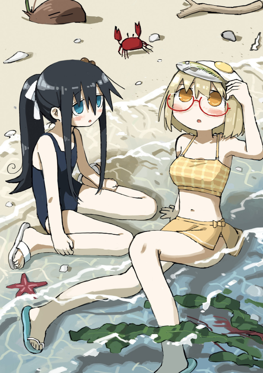 2girls, beach, bikini, bikini_skirt, black_hair, blonde_hair, blue_eyes, blue_one-piece_swimsuit, blush, bob_cut, coconut, crab, egg, fish, food, food_on_head, fried_egg, glasses, hair_ornament, hair_ribbon, highres, long_hair, long_sidelocks, multiple_girls, mushroom, object_on_head, ocean, one-piece_swimsuit, open-toe_shoes, open_mouth, orange_eyes, outdoors, partially_submerged, ponytail, red-framed_eyewear, ribbon, sandals, school_swimsuit, seaweed, shimeji_(mushroom), shimeji_simulation, short_hair, sidelocks, swimsuit, tsukishima_shijima, tsukumizu, very_long_sidelocks, yamashita_majime, yellow_swimsuit