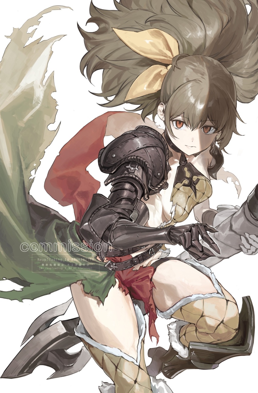 arlin_(sin_chronicle), armor, blonde_hair, brown_eyes, closed_mouth, gauntlets, greaves, hair_between_eyes