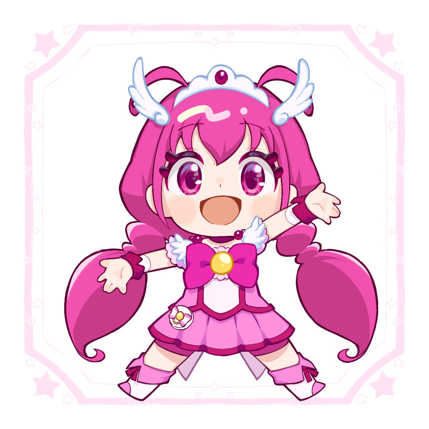 1girl, antenna_hair, bike_shorts, bike_shorts_under_skirt, blush, boots, bow, bowtie, brooch, chibi, choker, cure_happy, hair_ornament, highres, hoshizora_miyuki, jewelry, long_hair, low_twintails, magical_girl, open_mouth, pink_boots, pink_bow, pink_bowtie, pink_choker, pink_eyes, pink_hair, pink_shirt, pink_shorts, pink_skirt, plv_276, precure, shirt, short_sleeves, shorts, skirt, smile_precure!, solo, tiara, twintails, wing_hair_ornament, wrist_cuffs