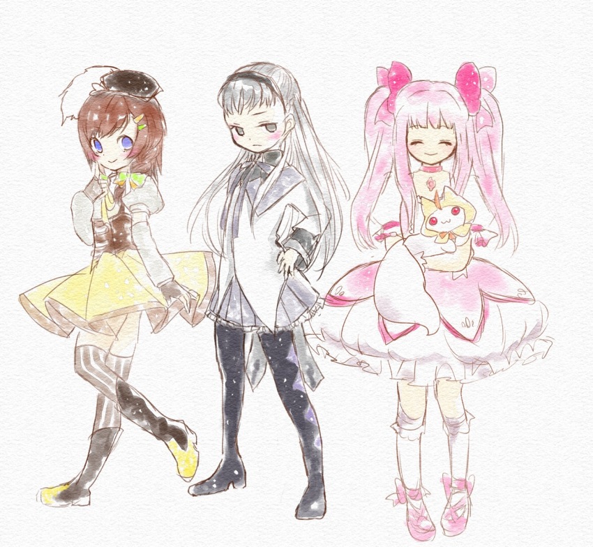 3girls, akemi_homura, akemi_homura_(cosplay), annoyed, argyle_clothes, argyle_footwear, back_bow, beret