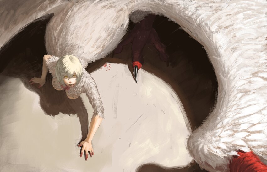 1girl, absurdres, blonde_hair, blood, breasts, claws, crawling, dungeon_meshi