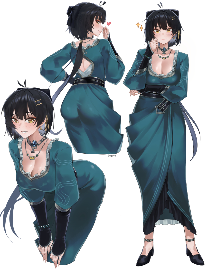 1girl, absurdres, alternate_costume, antenna_hair, aqua_dress, arm_under_breasts, ass, black_bow