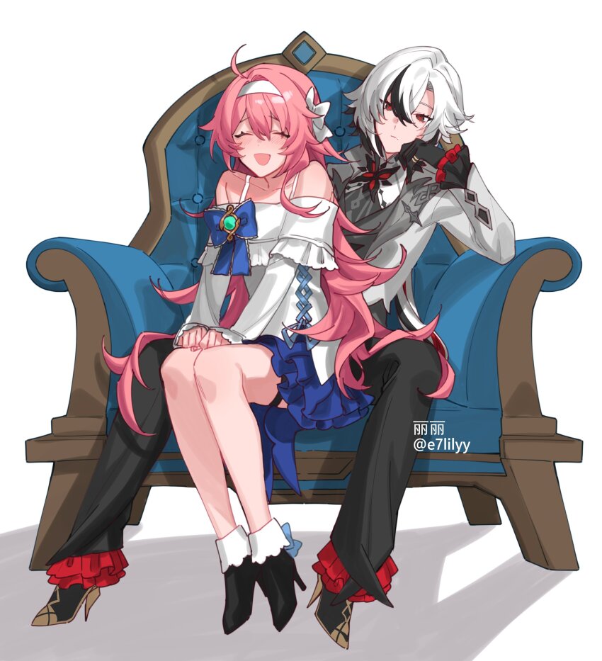 2girls, absurdres, alkalilyy, arlecchino_(genshin_impact), black_hair, book, chair, cross-shaped_pupils