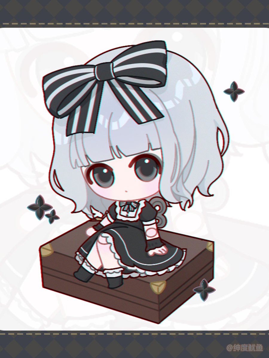 1girl, :o, ankle_socks, argyle_border, artist_name, black_boots, black_border, black_bow, black_bowtie, black_dress, black_eyes, black_wrist_cuffs, blunt_bangs, boots, border, bow, bowtie, character_request, chibi, doll_joints, dotted_line, dress, expressionless, frilled_dress, frilled_socks, frills, grey_eyeliner, grey_hair, hair_bow, highres, infinity_nikki, joints, letterboxed, light_blush, looking_at_viewer, medium_dress, medium_hair, nikki_(series), parted_lips, puffy_short_sleeves, puffy_sleeves, shendu_youyu, short_sleeves, sitting, socks, solo, sparkle, striped_bow, striped_bowtie, striped_clothes, suitcase, tareme, white_background, white_socks, winding_key, wrist_cuffs, zoom_layer
