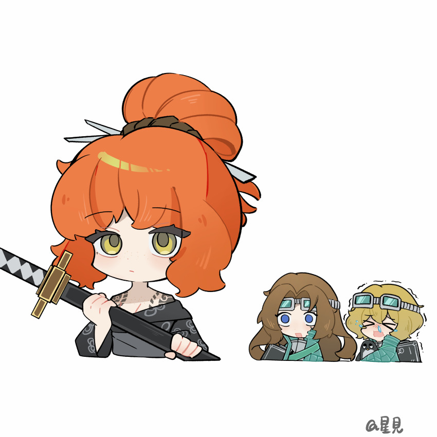 1boy, 2girls, absurdres, aqua_jacket, bird, black_kimono, blonde_hair, blush