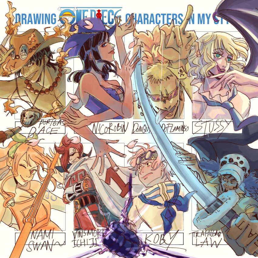 3girls, 5boys, arm_tattoo, avaxxah, black_hair, black_wings, blonde_hair, blue_eyes