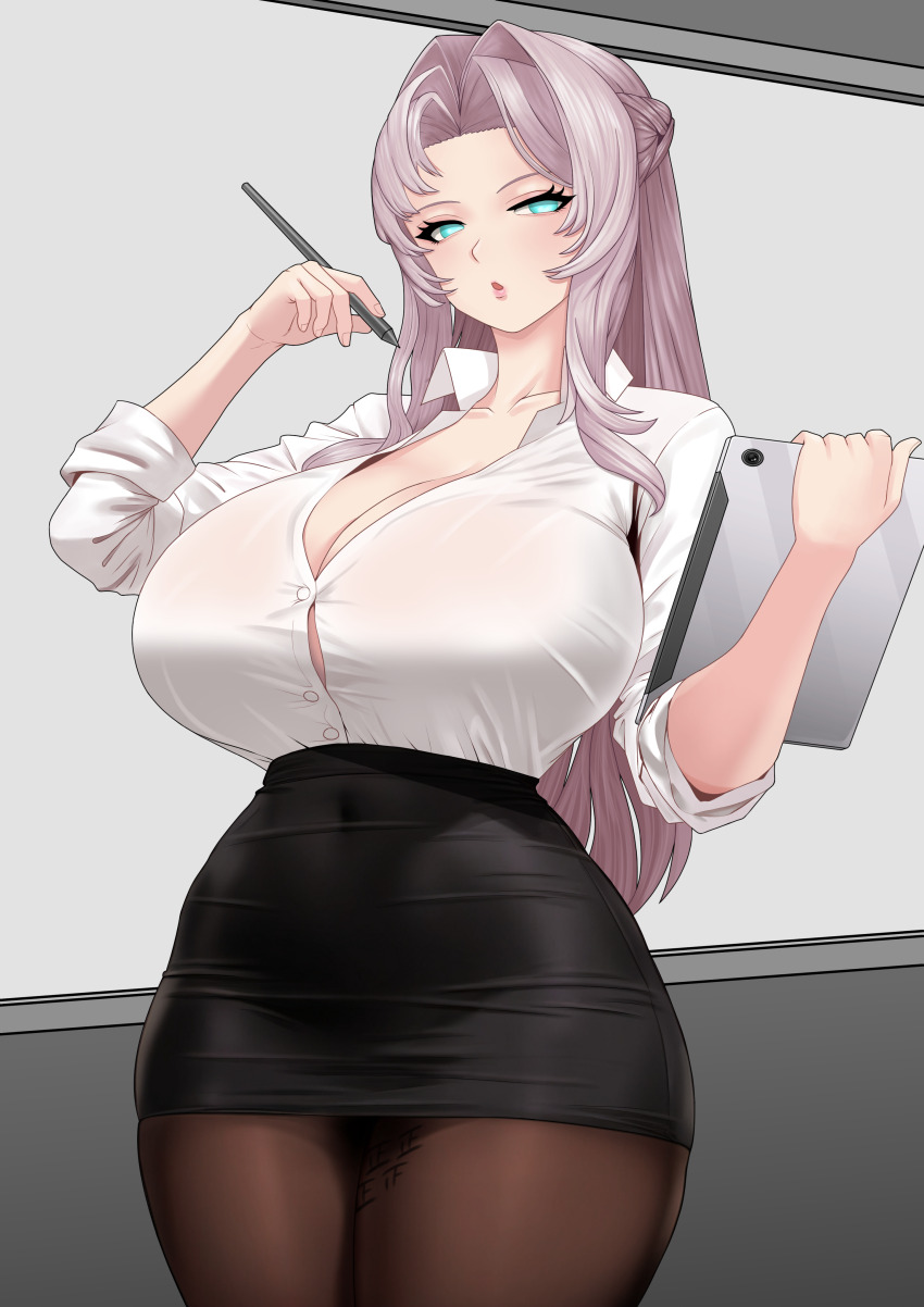 1girl, absurdres, aqua_eyes, black_skirt, breasts, cleavage, collared_shirt, formal_clothes, golbang, highres, huge_breasts, last_origin, long_hair, miniskirt, mnemosyne_(last_origin), office_lady, pantyhose, pencil_skirt, pink_hair, shirt, shirt_tucked_in, skirt, solo, suit, white_shirt