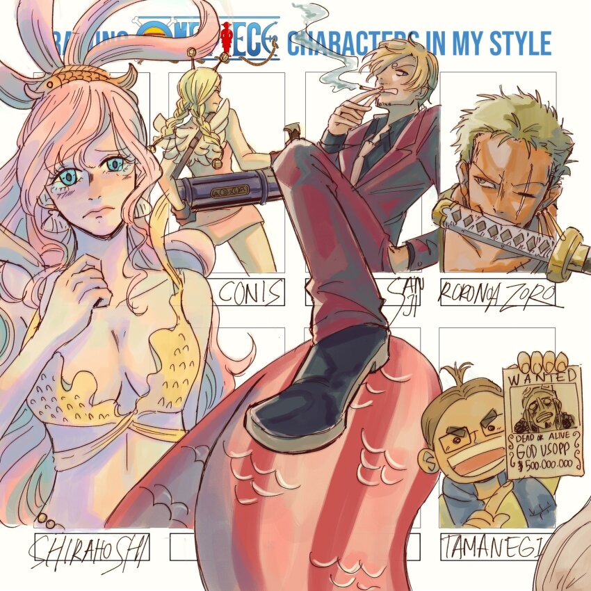 2girls, 3boys, antenna_hair, avaxxah, back, bikini, black_shoes, blonde_hair, blue_eyes, braid, braided_twintails, brown_hair, character_name, cigarette, commentary, conis_(one_piece), curly_eyebrows, dress, earrings, english_commentary, facial_hair, fish_hair_ornament, glasses, gloves, goatee, green_hair, hair_ornament, hand_in_pocket, highres, holding, holding_cigarette, jewelry, mermaid, monster_girl, multiple_boys, multiple_drawing_challenge, multiple_girls, necktie, one_piece, pink_dress, pink_hair, roronoa_zoro, sanji_(one_piece), scar, scar_on_face, shell, shell_earrings, shirahoshi, shoes, short_dress, short_eyebrows, short_hair, sidelocks, smile, swimsuit, tamanegi_(one_piece), tears, usopp, wanted_poster, weapon_in_mouth, white_necktie, white_wings, wings, yellow_bikini