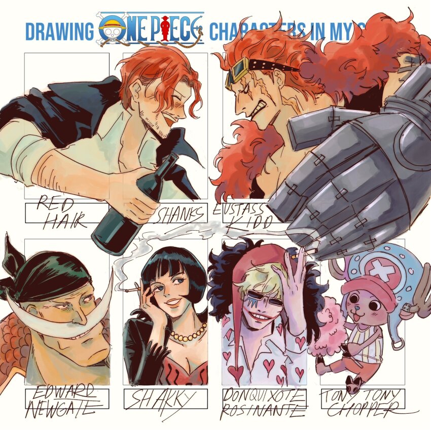 1girl, 5boys, antlers, avaxxah, bandana, beard_stubble, black_hair, blonde_hair