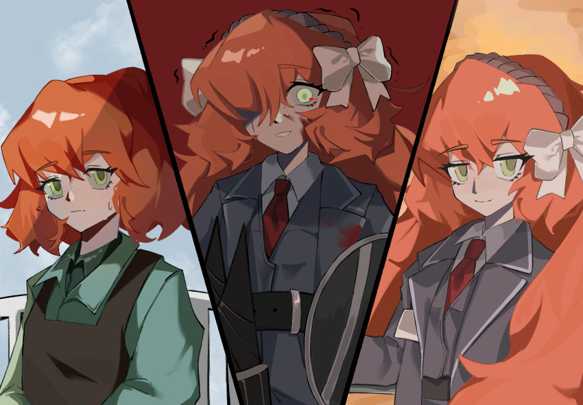 3girls, apron, blood, blood_on_face, bow, brown_apron, collared_shirt, crazy