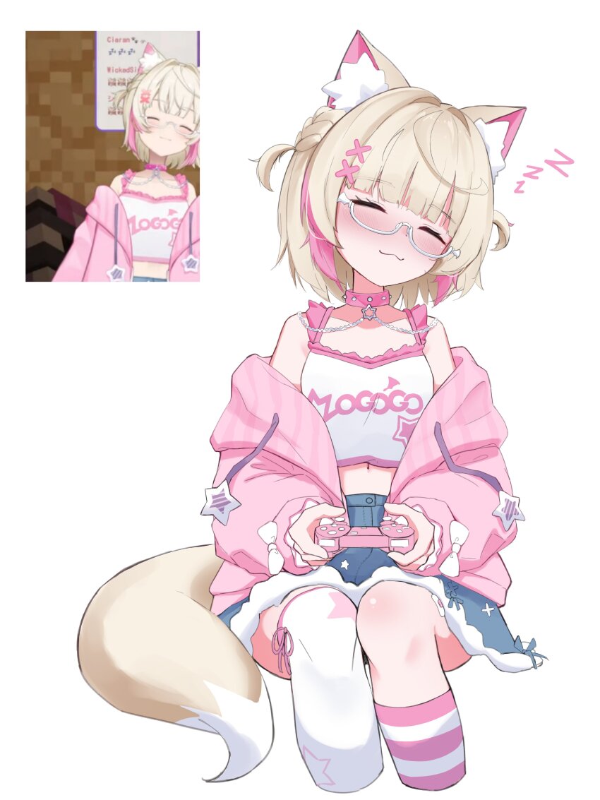 1girl, :3, absurdres, animal_ears, blonde_hair, blue_skirt, closed_eyes, closed_mouth