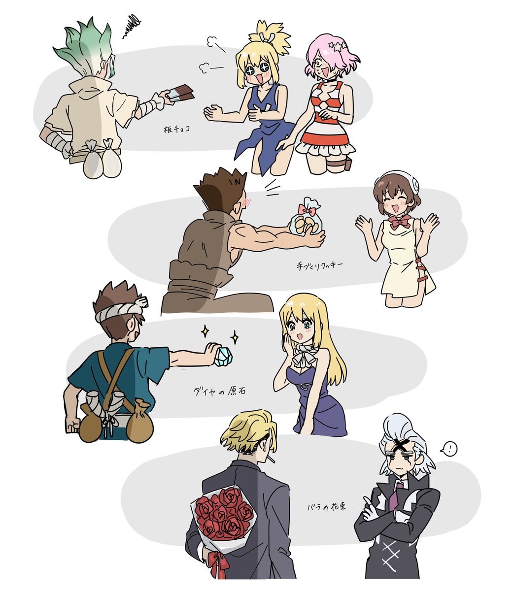 4girls, 5boys, blonde_hair, chocolate, chrome_(dr._stone), dr._stone, facial_mark, highres