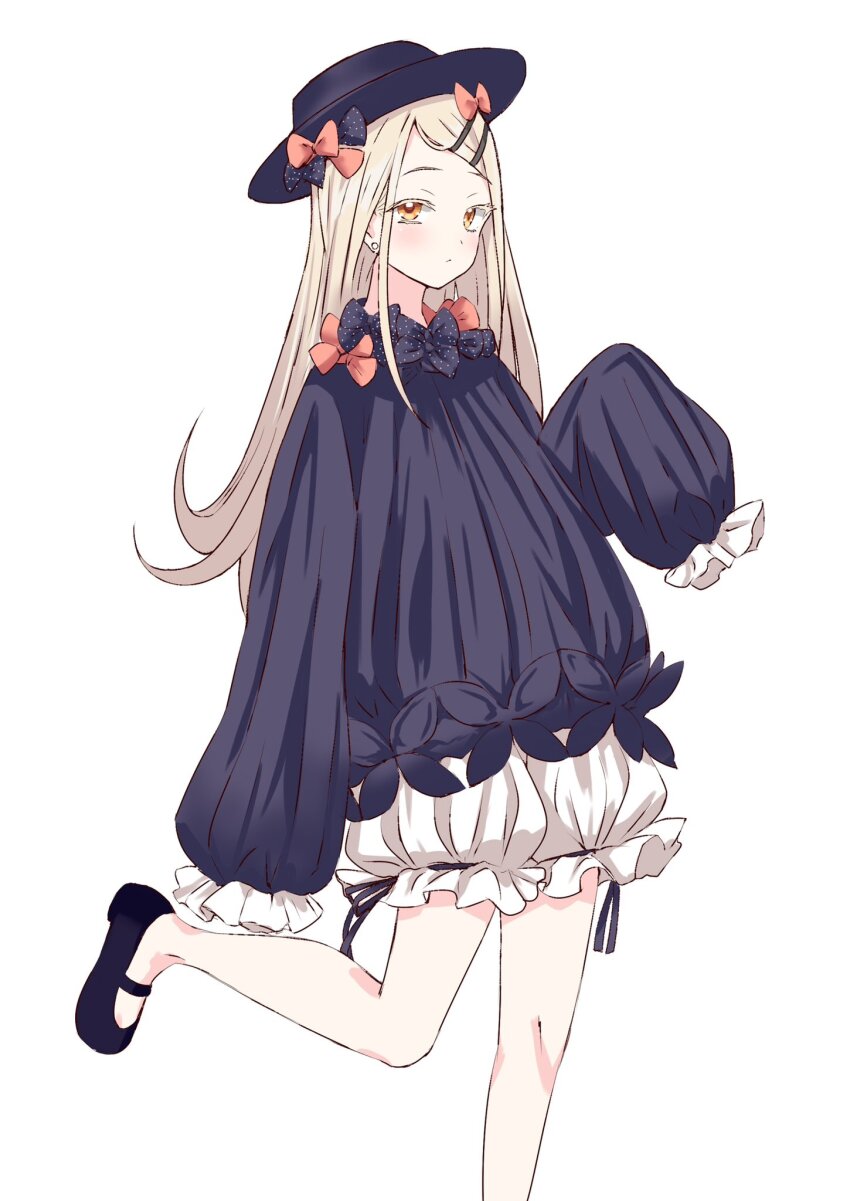 1girl, abigail_williams_(fate), abigail_williams_(fate)_(cosplay), abigail_williams_(first_ascension)_(fate), black_dress, blonde_hair, bloomers, bow, commentary_request, cosplay, dress, expressionless, fate/grand_order, fate_(series), gakuen_idolmaster, hat, highres, idolmaster, ituki_tubomi, leg_up, long_hair, looking_at_viewer, mary_janes, orange_eyes, shinosawa_hiro, shoes, sleeves_past_fingers, sleeves_past_wrists, solo, underwear, white_bloomers