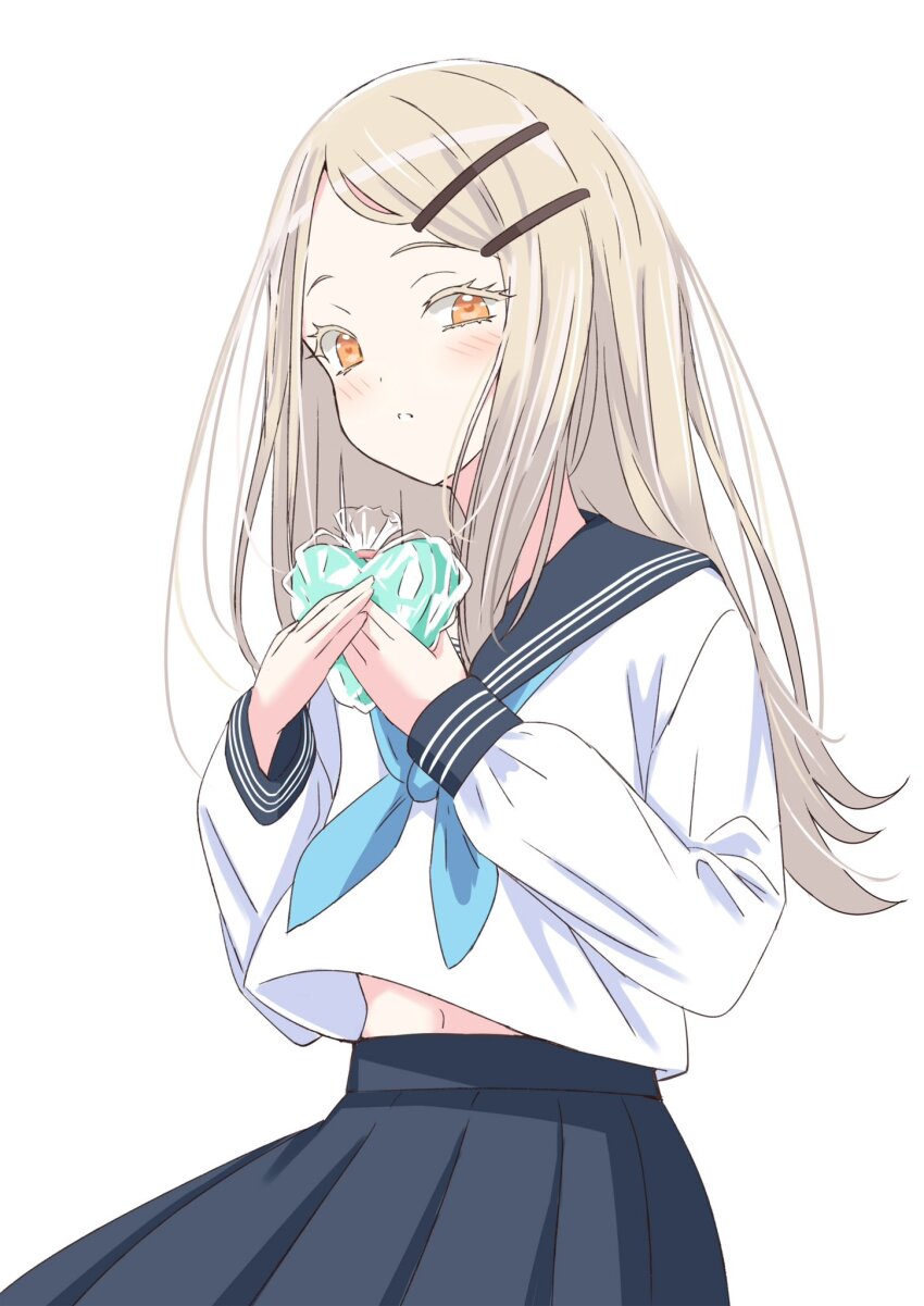 1girl, blonde_hair, blush, gakuen_idolmaster, gift, hair_ornament, hairclip, highres