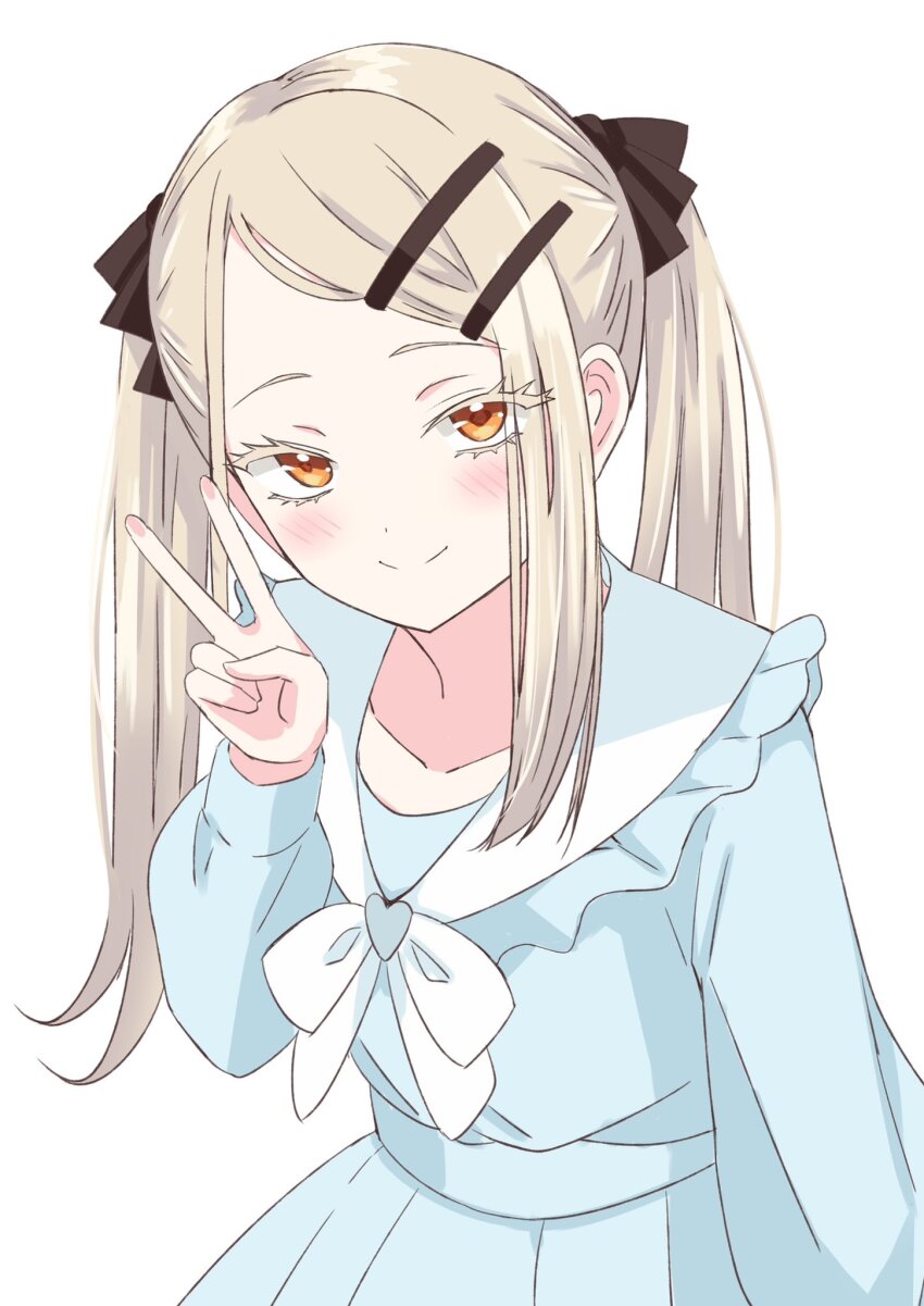 1girl, blonde_hair, blue_dress, blush, dress, gakuen_idolmaster, hair_ornament, hairclip