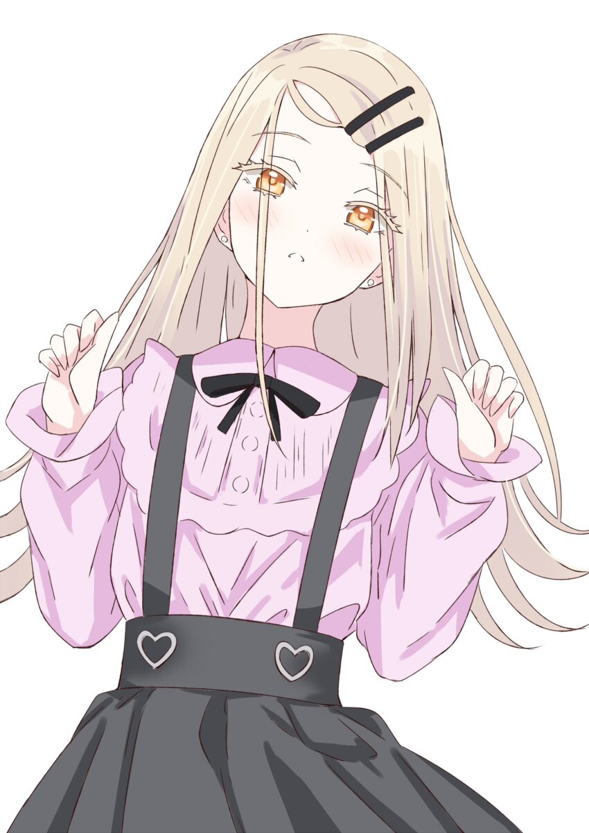 1girl, black_skirt, blonde_hair, blush, commentary_request, gakuen_idolmaster, hair_ornament, hairclip