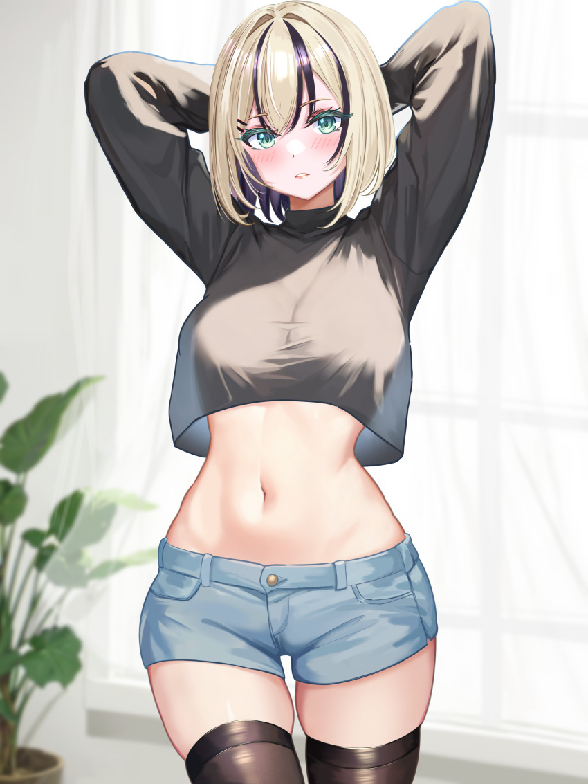 1girl, 428_(user_uzpe7478), absurdres, alternate_costume, arm_behind_head, black_hair, black_shirt, black_thighhighs, blonde_hair, blurry, blurry_background, blush, breasts, commentary_request, cowboy_shot, cropped_shirt, curtains, denim, denim_shorts, eyelashes, green_eyes, hair_between_eyes, hair_ornament, hairpin, highres, indoors, kurumi_noah, large_breasts, long_sleeves, looking_at_viewer, midriff, multicolored_hair, navel, parted_lips, plant, potted_plant, see-through_silhouette, shirt, shirt_overhang, short_hair, short_shorts, shorts, skindentation, solo, streaked_hair, thighhighs, turtleneck, turtleneck_shirt, two-tone_hair, virtual_youtuber, vspo!, window