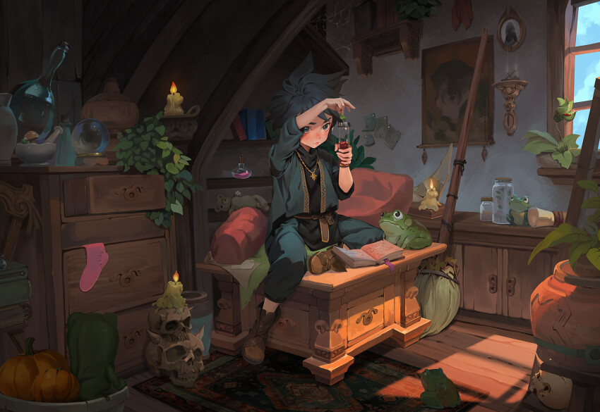 1boy, absurdly_detailed_composition, amulet, arm_up, bedroom, belt, black_hair, blue_pants