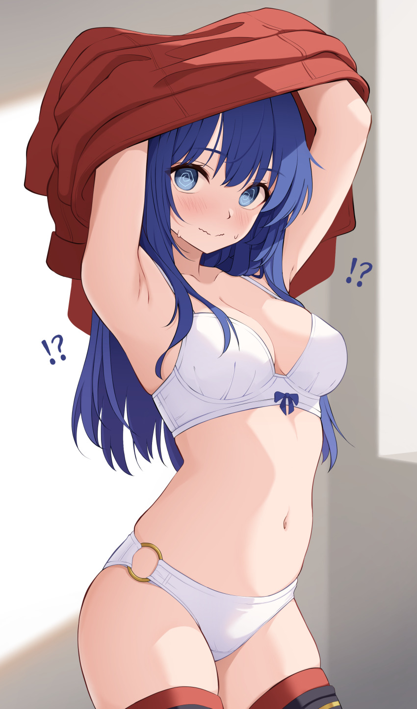 !?, 1girl, @_@, absurdres, armpits, arms_up, blue_bow, blue_eyes