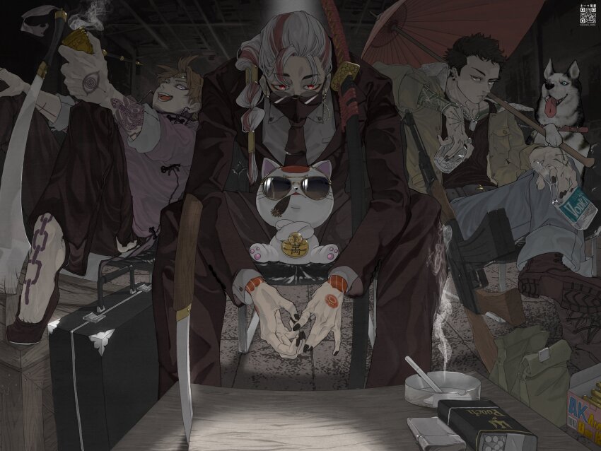 3boys, absurdres, black_hair, cat, dandadan, enjoji_jin, facial_mark, glasses, highres, male_focus, mask, mouth_mask, multiple_boys, pakupaku_keema, pakupakukeema, red_hair, round_eyewear, takakura_ken_(dandadan), takakura_ken_(transformed)_(dandadan), turbo_granny_(dandadan), zuma_unji