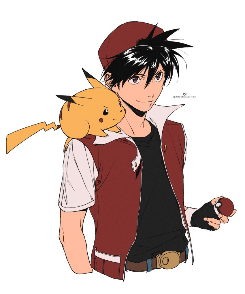 1boy, 55oshimechan, backwards_hat, belt, belt_buckle, black_hair, black_shirt, brown_belt