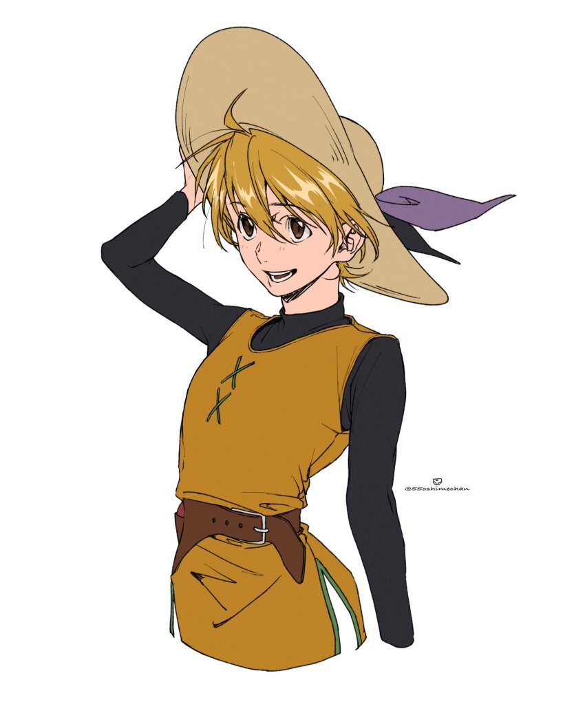 1girl, 55oshimechan, :d, arm_up, belt, black_shirt, blonde_hair, bow