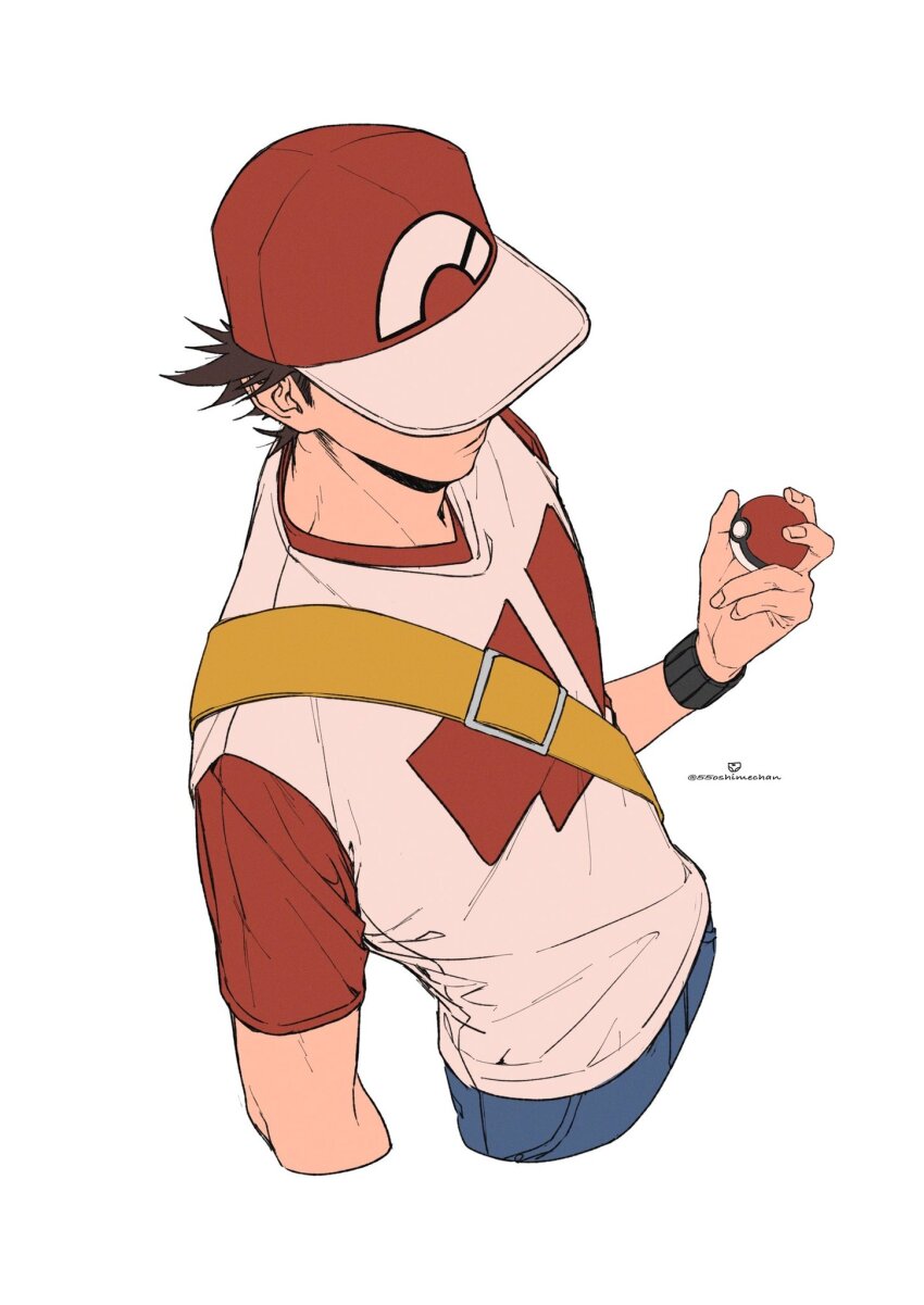 1boy, 55oshimechan, blue_pants, brown_hair, closed_mouth, hat, highres, holding