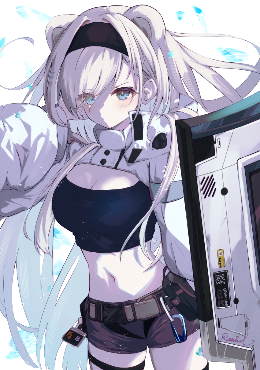 1girl, animal_ears, arknights, aurora_(arknights), bear_ears, bear_girl, black_hairband, black_shorts