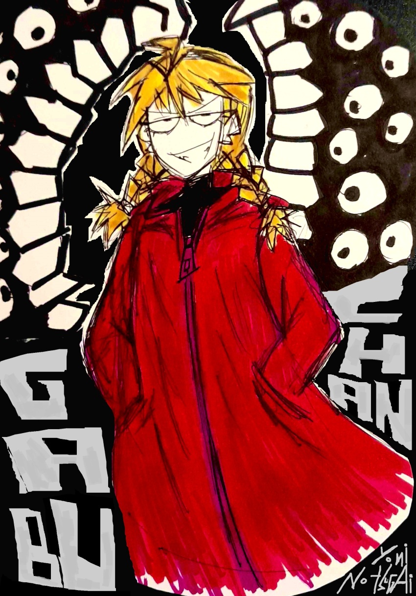 1girl, absurdres, black_background, blonde_hair, braid, clenched_teeth, cloak, extra_eyes