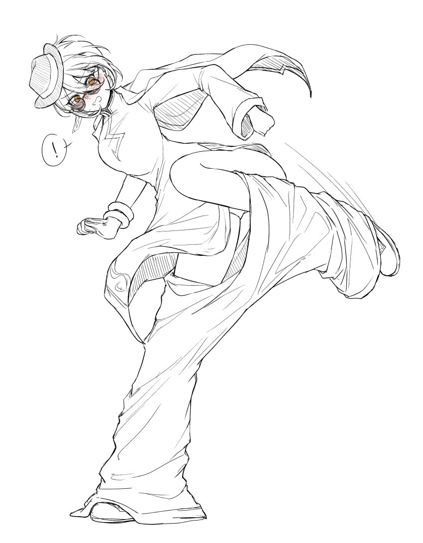 !, 1girl, absurdres, bracelet, china_dress, chinese_clothes, cinq_association_east_uniform, clothes_pull, don_quixote_(project_moon), dress, glasses, hat, highres, jacket, jacket_on_shoulders, jewelry, kaname_ruri, limbus_company, orange_eyes, pants, pants_pull, project_moon, round_eyewear, shoes, short_hair, solo, speech_bubble, wardrobe_malfunction