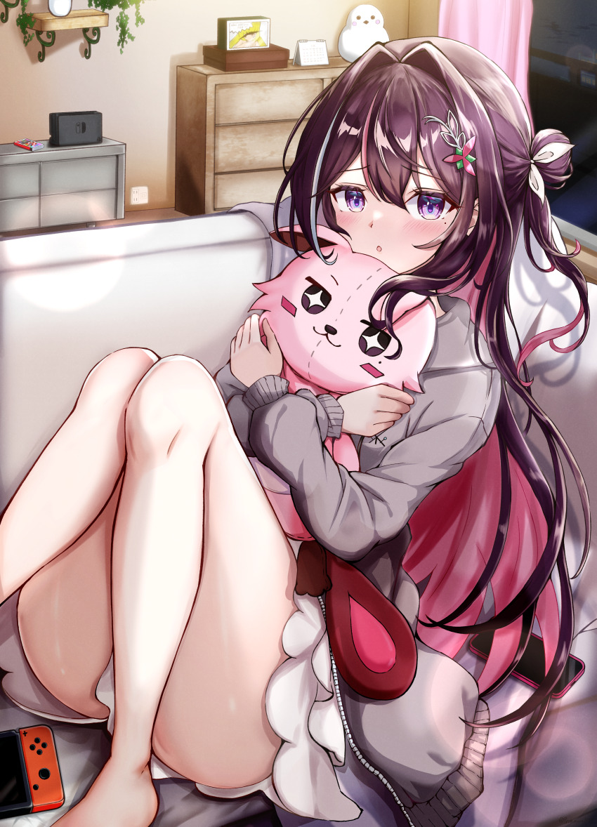 1girl, absurdres, alternate_costume, azki_(hololive), barefoot, blush, brown_hair, character_doll