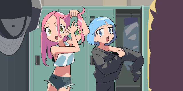 2girls, blue_eyes, blue_hair, brown_eyes, commentary, crop_top, dressing, grayfax_software