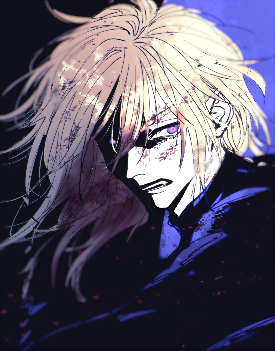 1boy, black_shirt, blood, blood_in_hair, blood_on_face, clenched_teeth, commentary_request, dimitri_alexandre_blaiddyd, dimitri_alexandre_blaiddyd_(timeskip), emushino, fang, fire_emblem, fire_emblem:_three_houses, floating_hair, hair_behind_ear, hair_between_eyes, long_sleeves, looking_to_the_side, male_focus, medium_hair, multicolored_eyes, nintendo, no_eyepatch, shirt, sideways_glance, solo, teeth, upper_body