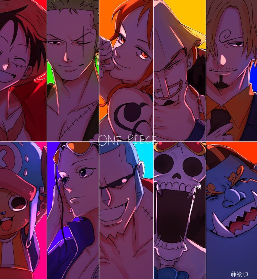 2girls, 6+boys, ^_^, arm_tattoo, black_hair, blue_background, blue_hair, blue_nose