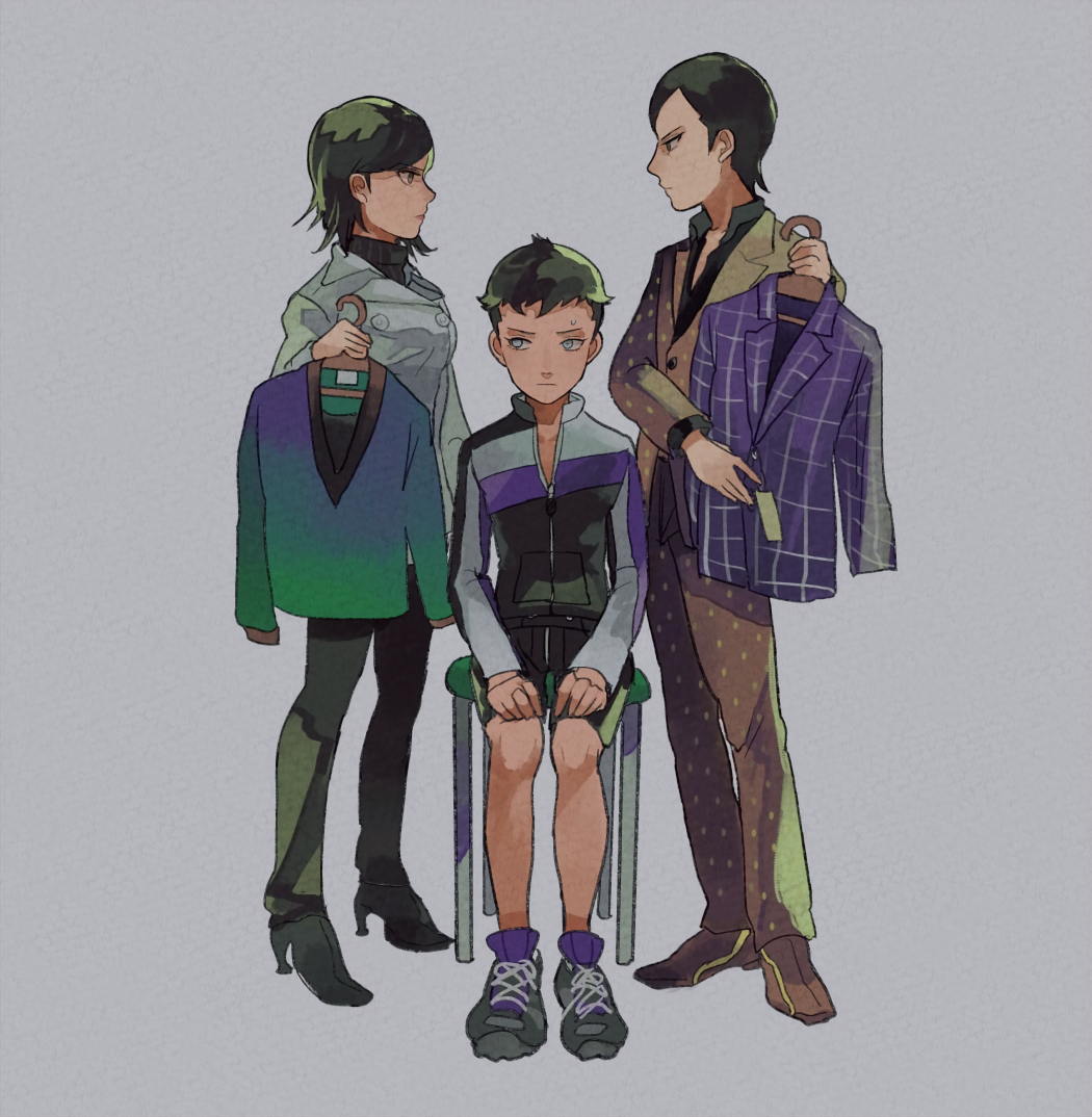 1girl, 2boys, black_hair, black_pants, black_shorts, clothes_hanger, coat, demi-fiend